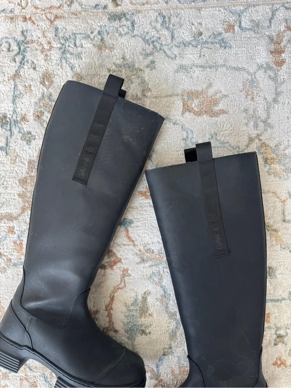 GANNI Fur Lined Rubber Knee High Black Boots 7